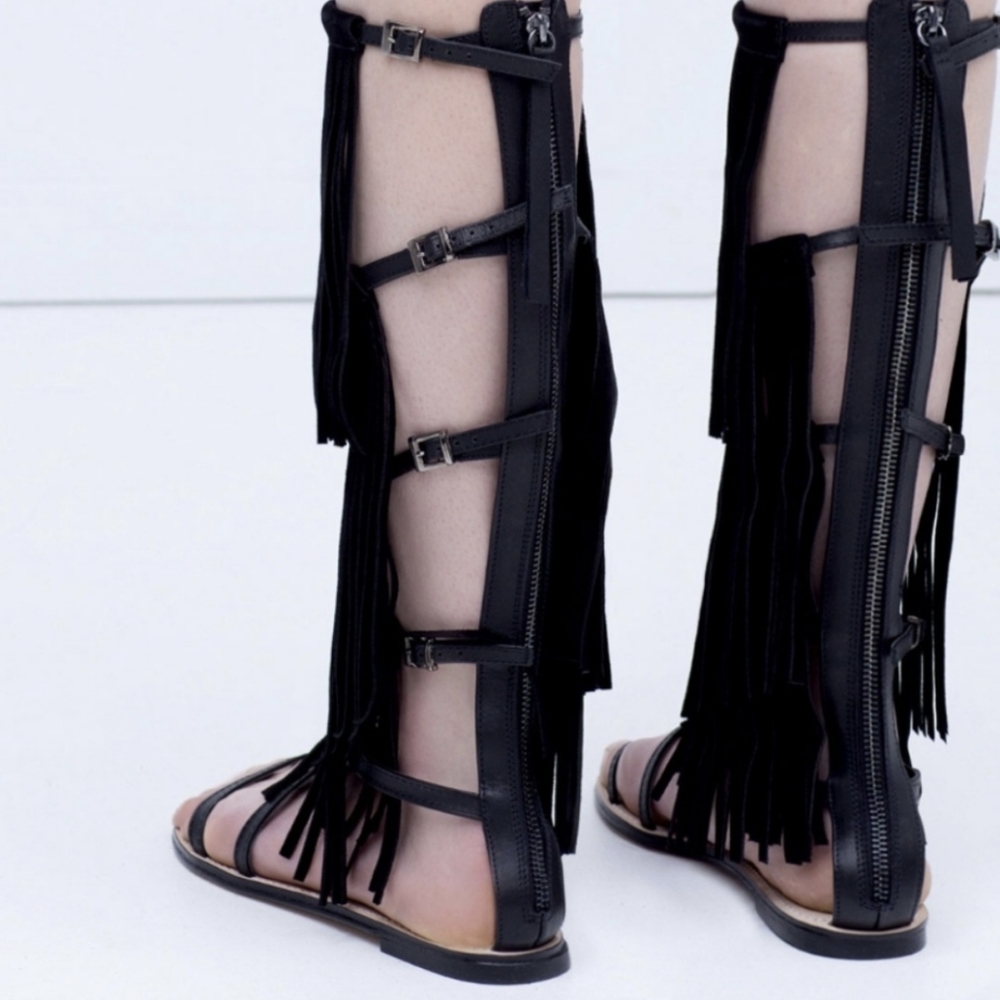 Zara Suede Leather Tall Fringe Gladiator Sandals 6